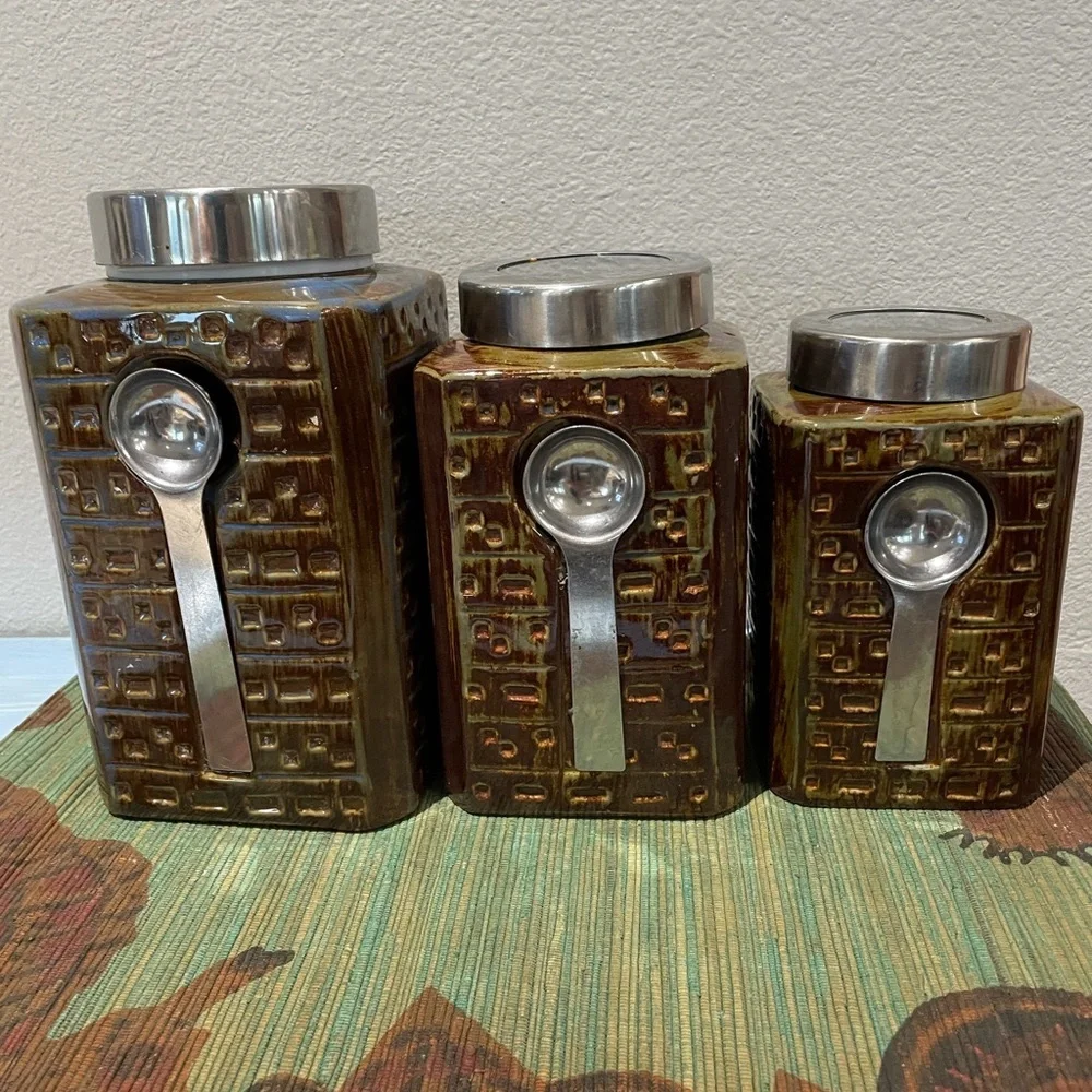 Vintage Pier One Set of 3 Brown Stoneware Canisters Set MCM Reactive Glaze 3…